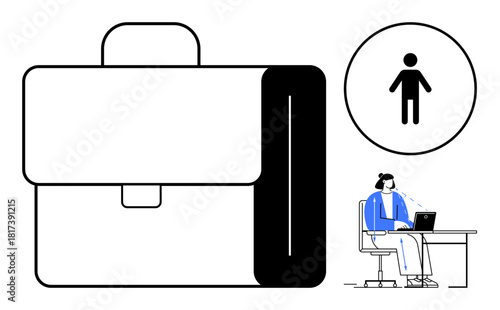 Business concept. Business symbols including a briefcase and a remote worker on a laptop. Business corporate tools and modern workplace solutions. For office, technology, teamwork, management