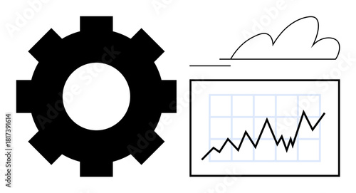 Large gear beside upward-trending data graph and cloud shape. Ideal for technology, innovation, analytics, progress, cloud computing, business growth, technical solutions. Simple flat metaphor