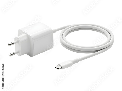 A white USB type C charger cable isolated on transparent background