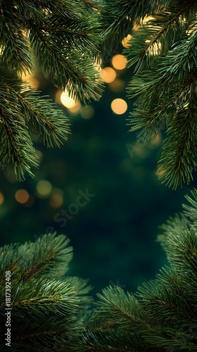 Wallpaper Mural Close view of evergreen branches surrounding soft lights in a serene forest setting during winter twilight Torontodigital.ca