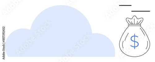Cloud and money bag with dollar sign illustrating cloud computing, digital savings, fintech, investment, online banking, e-commerce, technology, and cost efficiency. Simple flat metaphor