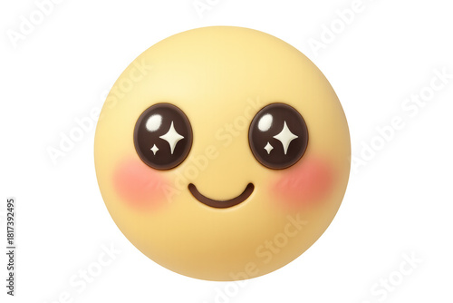 Cute 3d shiny smiling emoji feeling happy and expressing love, with blushing cheeks and sparkling eyes, transparent background