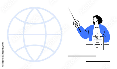 Person holding document and pointing with stick beside globe outline. Ideal for education, presentation, globalization, communication, strategy, business training, teamwork. Simple flat metaphor