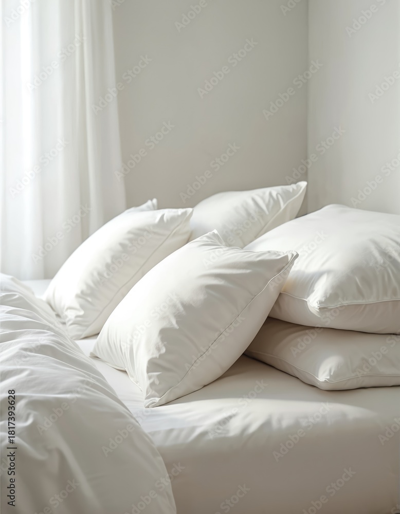 Obraz premium Clean bed with white sheets and plump pillows awaits. Natural light illuminates soft textiles, creating calm atmosphere. Ready for sleep, rest, or relaxation. Cosy bedroom setting.