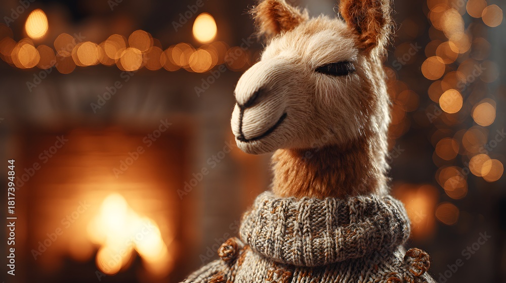 Naklejka premium Cozy Llama Doll by Fireplace with Warm Bokeh Lights.