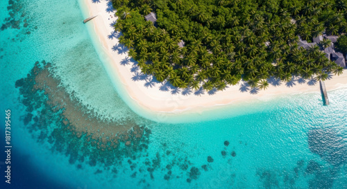 Fototapeta Naklejka Na Ścianę i Meble -  Escape to Paradise: Breathtaking aerial view of a tropical island beach with turquoise waters and palm trees, perfect for travel and vacation themes