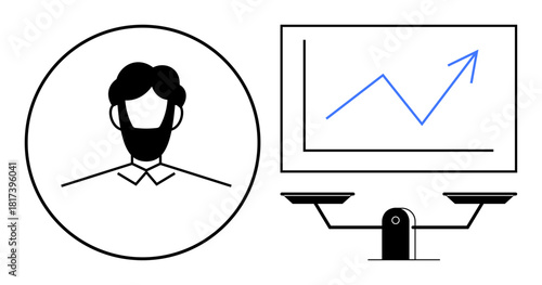 Man with beard icon, upward graph on screen, balanced scales. Ideal for leadership, career, growth, strategy, equity success self-improvement. Clean design simple flat metaphor