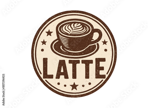 Vintage coffee latte emblem with rustic stamp style design