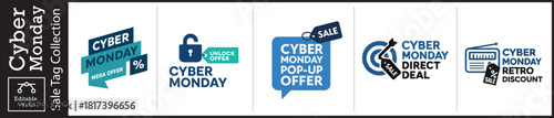 Boost your brand with this striking Cyber Monday sale tag collection offering mega discounts and direct deals, perfect for promotional marketing campaigns
