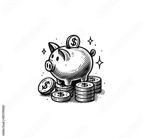 Piggy Bank with Coins – Vintage Money and Finance Illustration