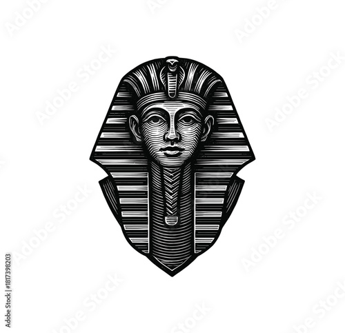 Ancient Egyptian Pharaoh Head – Vintage Engraved Line Art Illustration