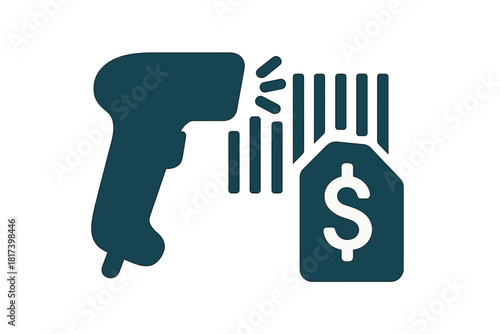 Digital scanner device reading a striped barcode linked to a retail price tag with currency symbol