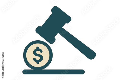 Judge's gavel striking down next to a dollar coin for financial law and auction