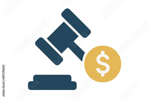 Auction gavel and dollar coin symbol representing financial transaction and legal judgment