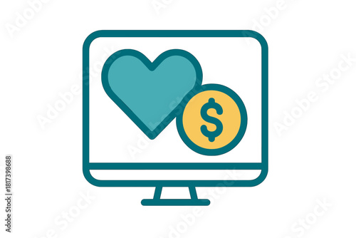 Computer screen showing heart icon and dollar coin symbolizing online donation