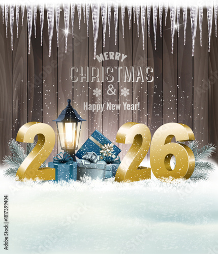 Merry Christmas and Happy New Year Holiday background with gift boxes and 2026. Vector.