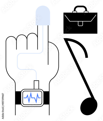 Hand with smartwatch tracking health, music note representing creativity, briefcase symbolizing work. Ideal for technology, well-being, music, productivity, innovation lifestyle flexibility. Simple