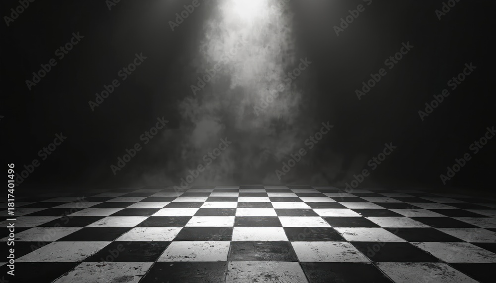 Obraz premium Illustration presents a checkerboard floor in dark scene. The floor is tiled black and white. Above the floor is a cloud with lighting in the middle.