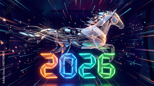 Year of the Horse 2026 Low Poly Design With Geometric Horse and Colourful Lights on a Dark Blue Background