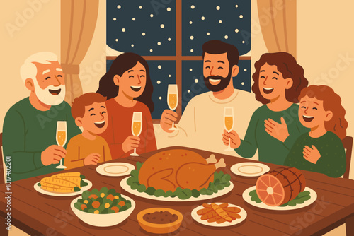 Illustration window dinner through festive vector wooden visible roasted nearby drinks family