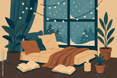 Reading warm soft window illustration cozy winter frosted beside open nook lights