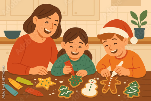 Kids moment festive decorating cookie table colorful vector illustration scattered family tubes