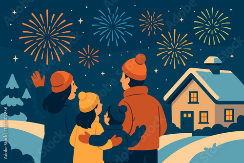 Watching winter illustration house vector fireworks up clothes wonder horizon family outside