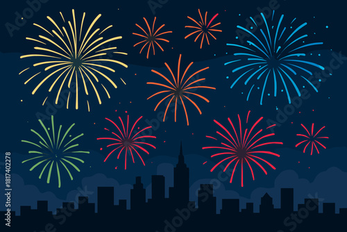 Horizon multiple year colors smoky fireworks bursts vector new skyline illustration sky