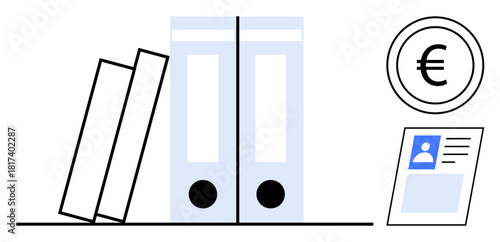 Office organization. Organized workspace with folders, Euro symbol, and identification card depiction. Office organization aids financial records, documentation, ID management, accounting, and filing