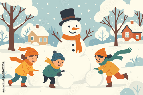 Building snowman illustration covered around build big cheerful flying fun them vector