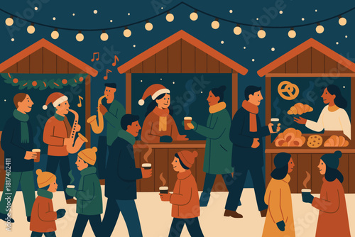 Market illustration garlands festive air pastries above people bazaar holiday vector winter