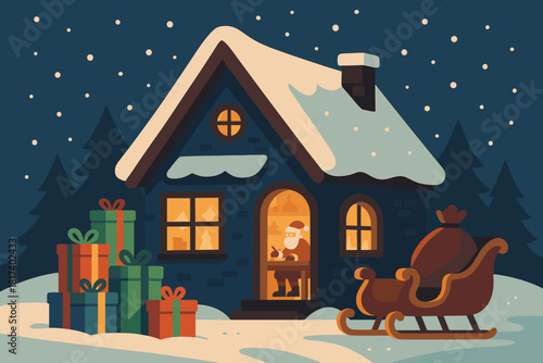 Illustration near piles door presents waiting vector s workshop nighttime snowflakes santa