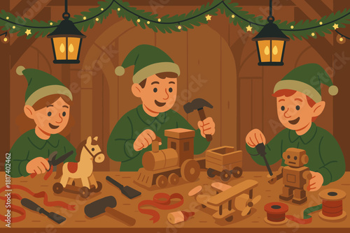 Beside illustration vector garlands ribbons s wooden assembled toys santa twinkling busy