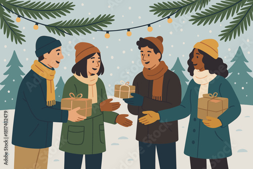 Vector outdoors small wrapped gift lights nearby illustration gifts paper hanging exchange