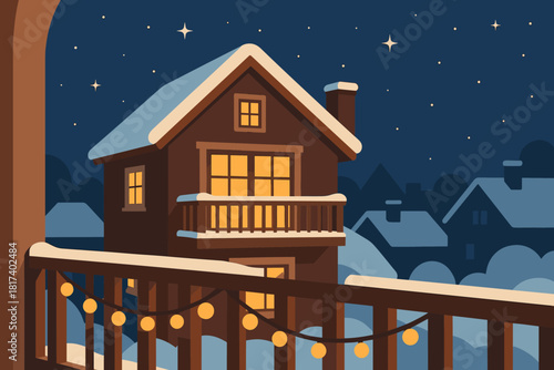 Balcony cozy warm vector glowing illustration calm railing rooftops shining winter above