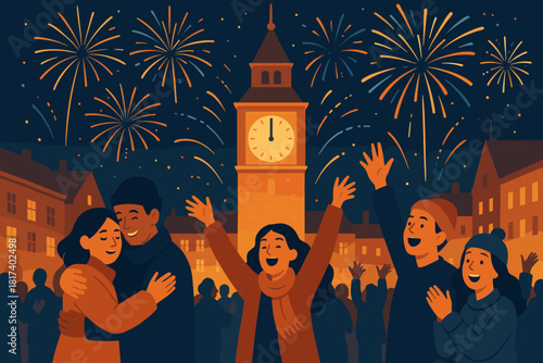 Festive new tower vector year against people above sky city illustration cheering