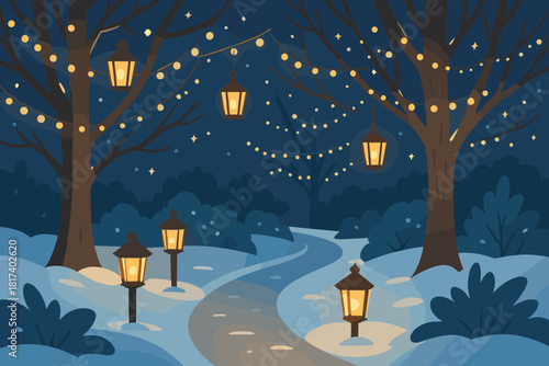 Warm illuminated decorated lanterns vector festive garden illustration trees glowing peaceful glow