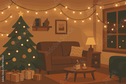 Cozy filled warm atmosphere festive over vector living room glowing illustration decorated