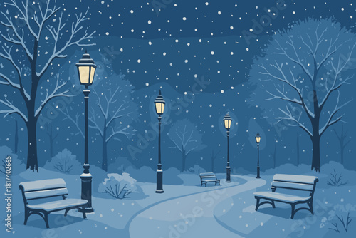 Benches flakes snowy frost park vector illustration lamps path lighting swirling through