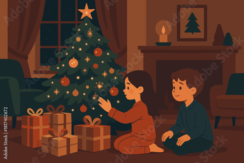 Soft twinkling illustration vector illuminating glow children wrapped cozy tree christmas presents