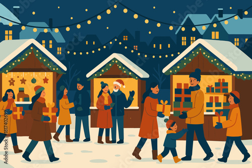 Atmosphere people town vector garlands glowing everywhere carrying illustration winter festive market