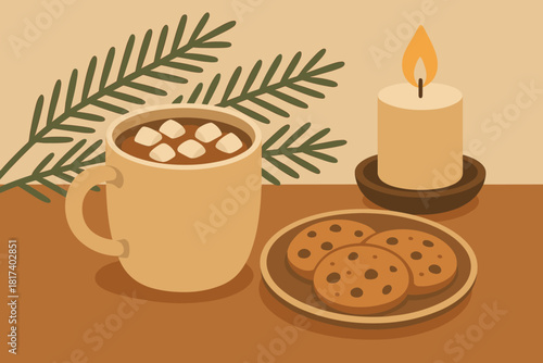 Cocoa scene decor winter topped cozy pine mug vector illustration enhancing marshmallows