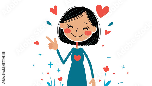 Little girl holding a heart in a pink cartoon illustration celebrating love and happiness