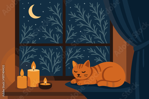 Illustration windowsill candles indoor cozy glowing outside cat vector night between glass