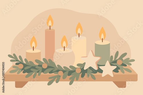 Atmosphere display home illustration enhancing festive candles ceramic vector stars candle shelf