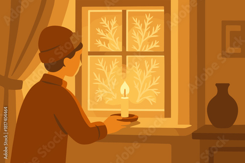 Interior patterns glow illustration candlelight golden cozy placing glowing spreading vector sill