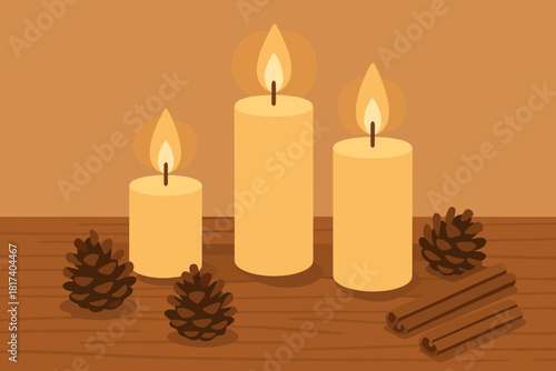 Sticks arrangement glow vector cinnamon candle minimal peaceful composition three illustration festive
