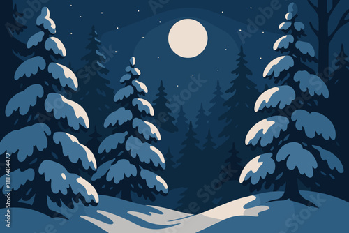 Snowy contrast vector scene moonlit gentle branches illustration illuminating glowing forest creating