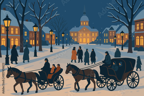 Square street coats distance winter festive people illustration town lined vector carriages