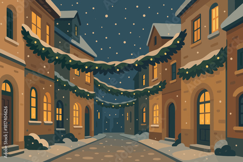 Street winter vector scene calm alley festive decorated illustration gently falling garlands